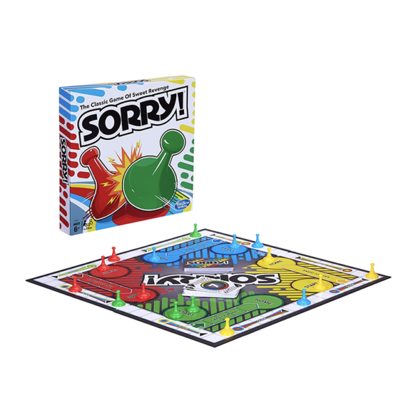 Sorry board game pieces and box