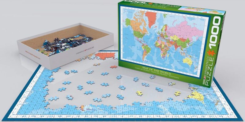 1000-piece world map jigsaw puzzle partially assembled